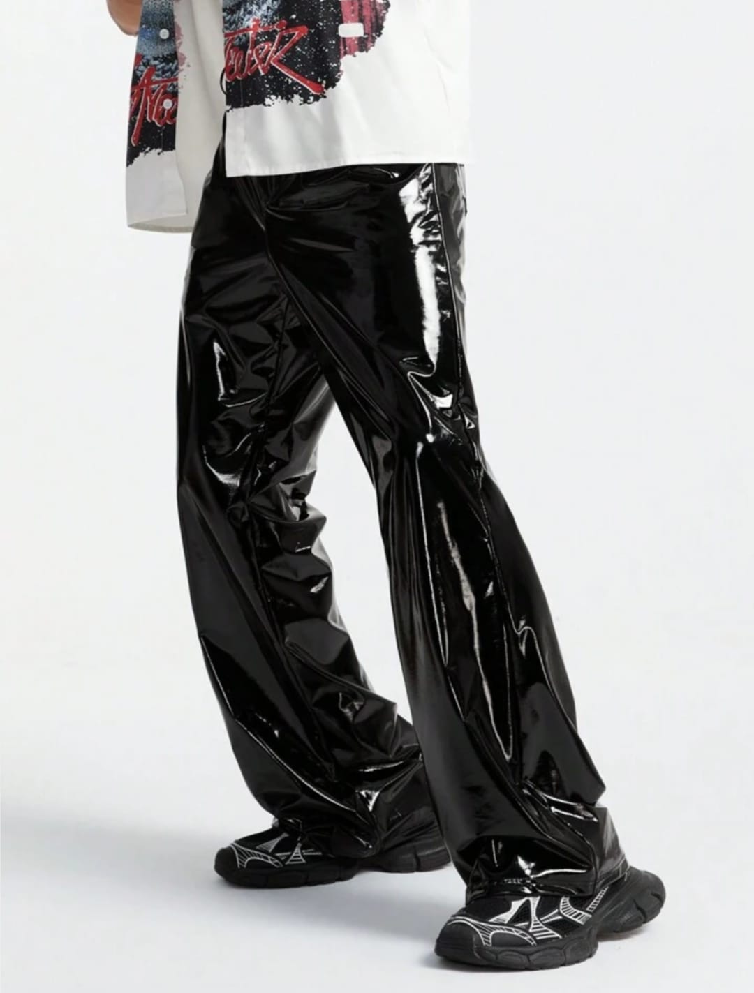 Men's Black Patent Leather Wide-Leg Pants – Glossy Streetwear Statement Trousers